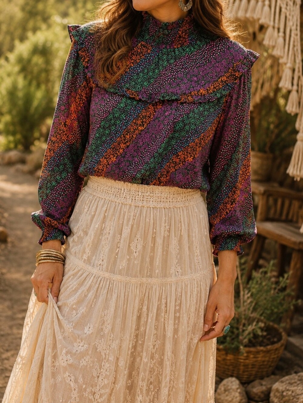 NWT FRNCH Paris Purple Green Orange Floral Stripe Ruffle Mock Neck Blouse Boho